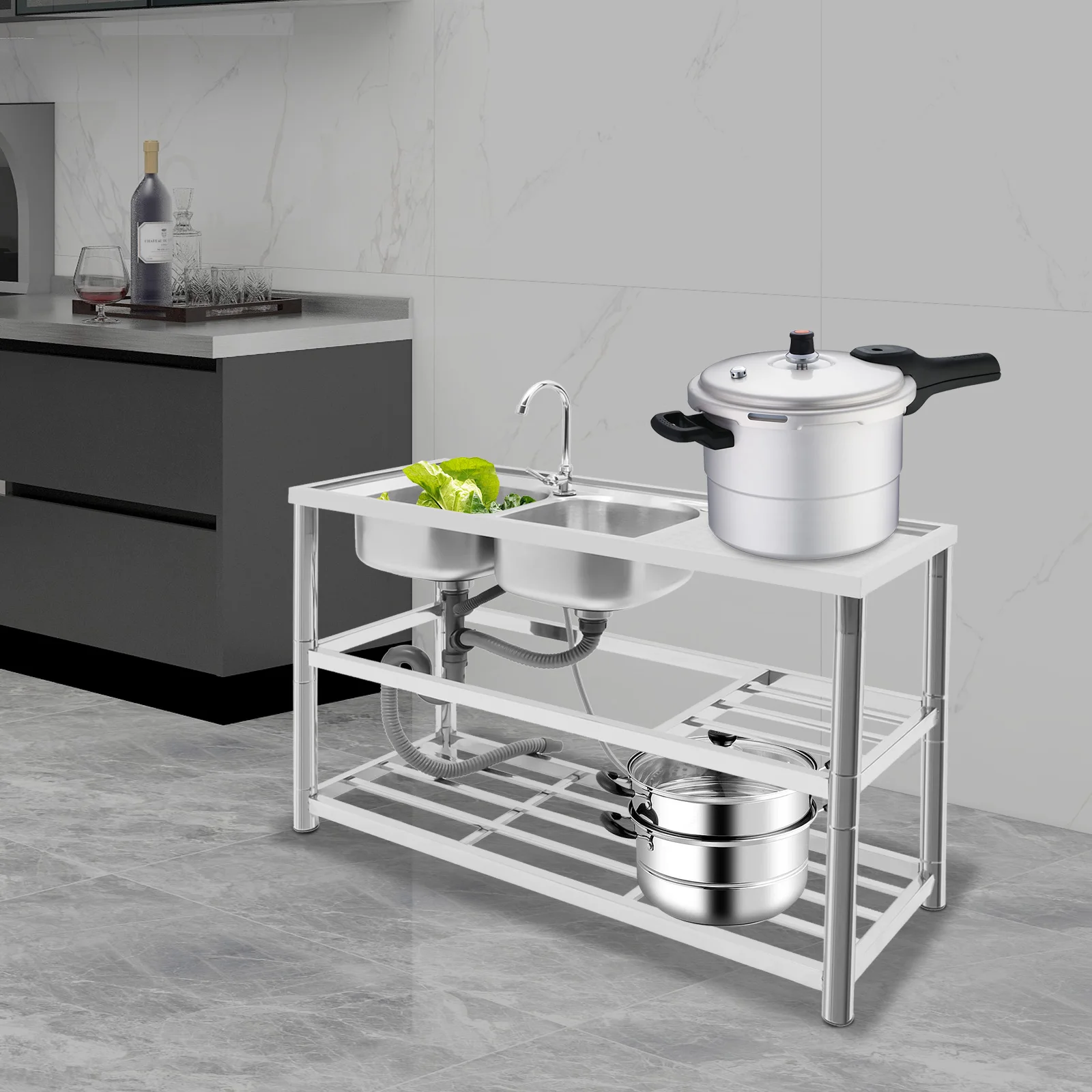 Stainless Steel Kitchen Sink – Double Bowl with Drainpipe and 3-Tier Storage, Durable 201 Steel for Heavy-Duty Use