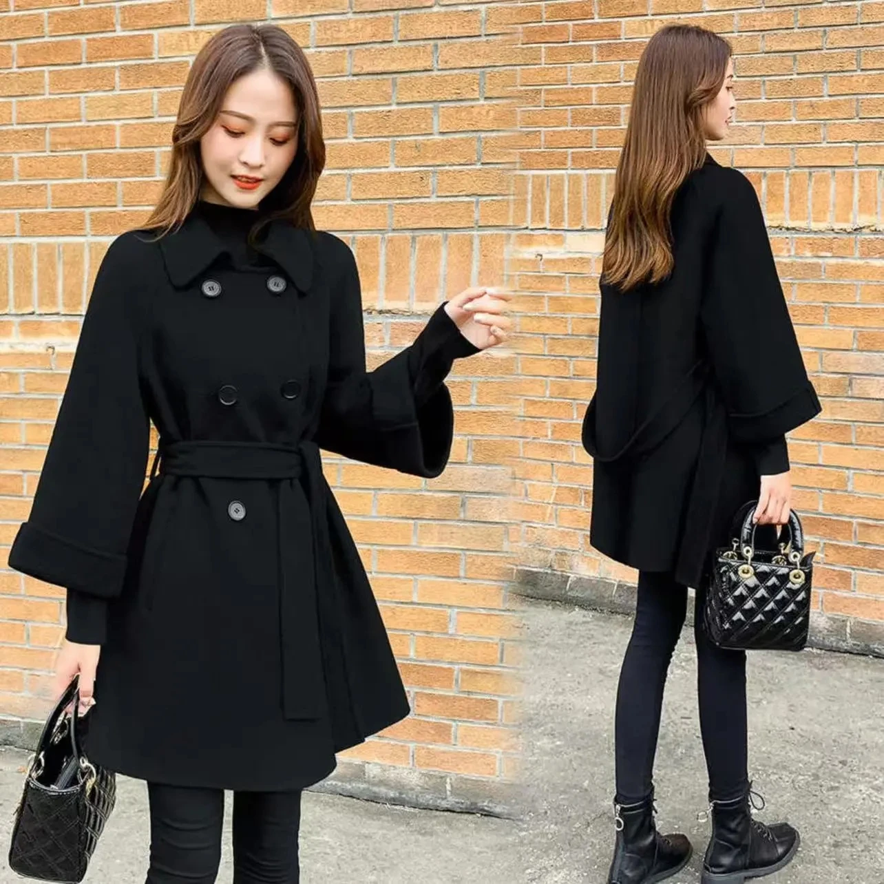 

Black Woolen Jacket With Cotton Medium long Woolen Coat Fashion Autumn Winter 2025 Female Temperament Slim With belt Overcoat