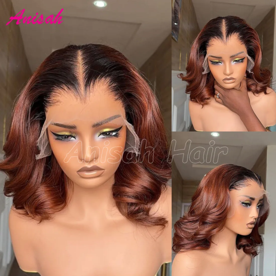 

Ombre Two Tone Lace Front Wig Short Bob Human Hair Wig Loose Wave Frontal Wig Colored Glueless Lace Closure Wigs Pre Plucked