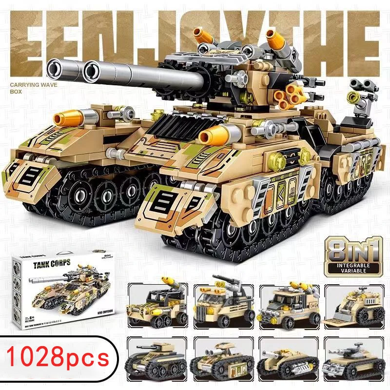 2025 Militärpanzer-Bausteine, Panzer-, Flugzeug- und LKW-Bauset, Modellbauspielzeug im 8-in-1- und 1-zu-1-Maßstab für Kinder