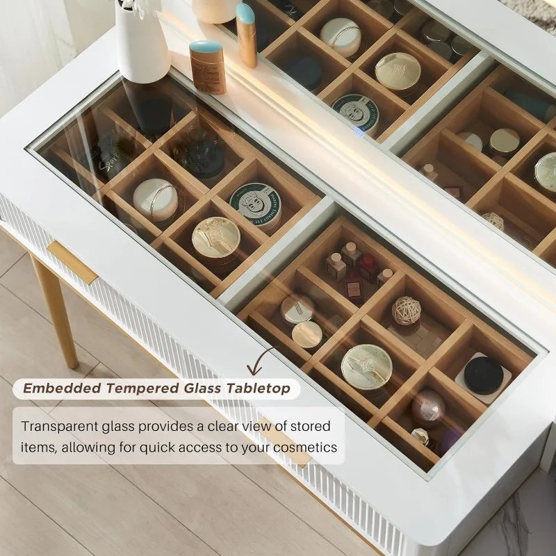 Mesa de maquiagem canelada T4TREAM com espelho iluminado HD de 36", grande mesa de vaidade moderna de 48" com espelho e luzes, penteadeira