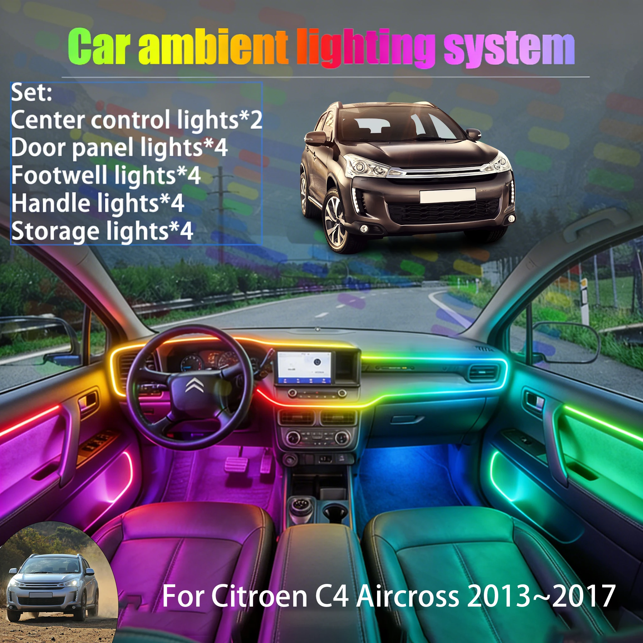 For Citroën C4 Aircross 2013~2017 2/18 in 1 Car ambient lighting Led trunk interior led lights USB RGB Ensemble Streamer