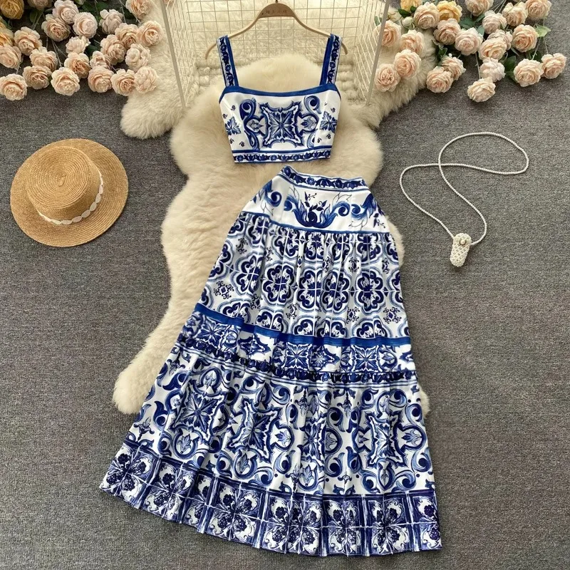 

2024 Summer show blue and white porcelain two-piece women's printed short crop top holiday beach maxi dress set