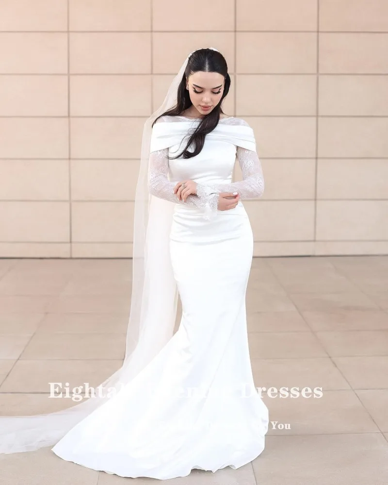 Eightale Arabic Wedding Dress Scoop Lace Customized White Ivory Satin Long Sleeves Muslim Bridal Gown Mermaid Bride Party Dress