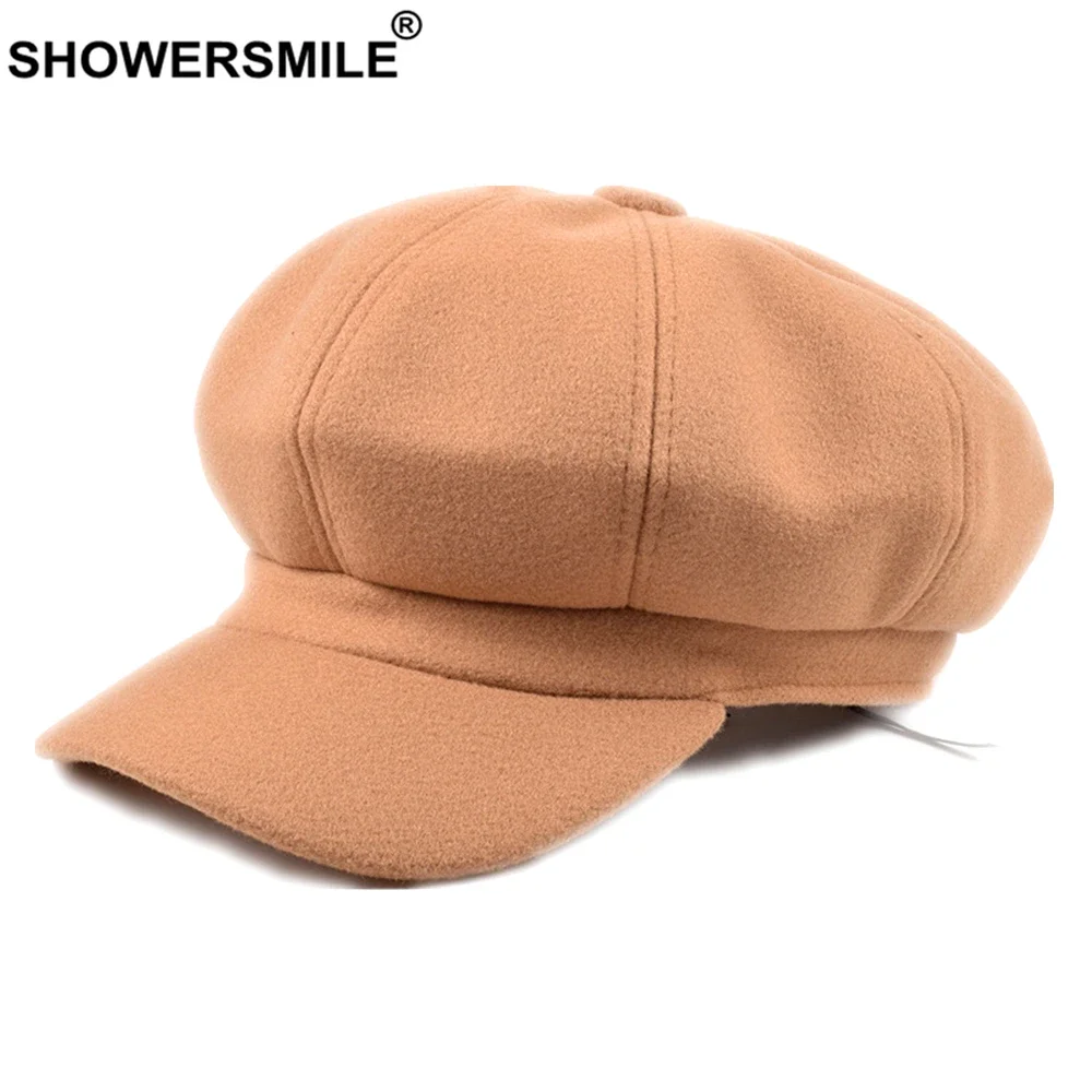 SHOWERSMILE Female Beret Wool Newsboy Cap Red Hats for Women Khaki Ladies Baker Boy Hat Autumn Winter Vintage Octagonal Cap