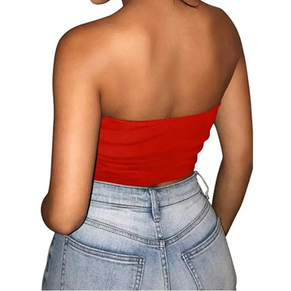 Club Bar Women Sexy Solid Color Vest Strapless Cropped Mini Bustier Slim Elastic Tube Top