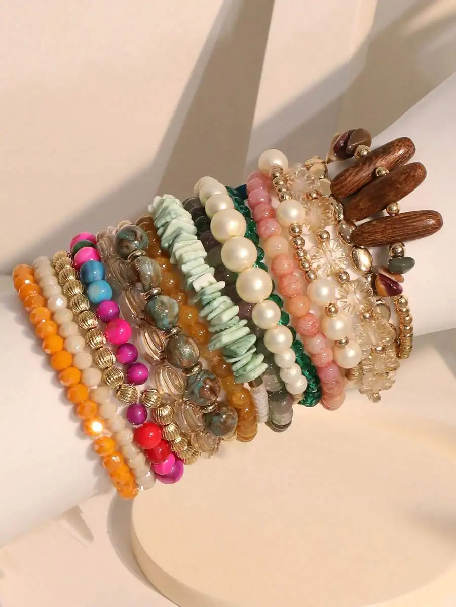 

16pcs Shell Crystal Natural Stone Beaded Bracelet Set For Women Daily Beach Holiday Wear