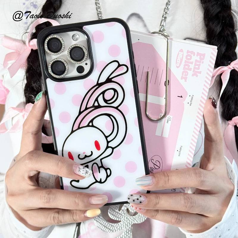 Korean Cute Polka Dot Pink Rabbit Y2K Phone Case For iPhone 17 Air 16 15 14 13 12 11 Pro Max 16 Pro 15 Plus XR Anti-Drop Cover