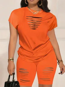 Orange Hollow Out Short Sleeve T-Shirt & Biker Shorts Set for Women, Casual Streetwear
