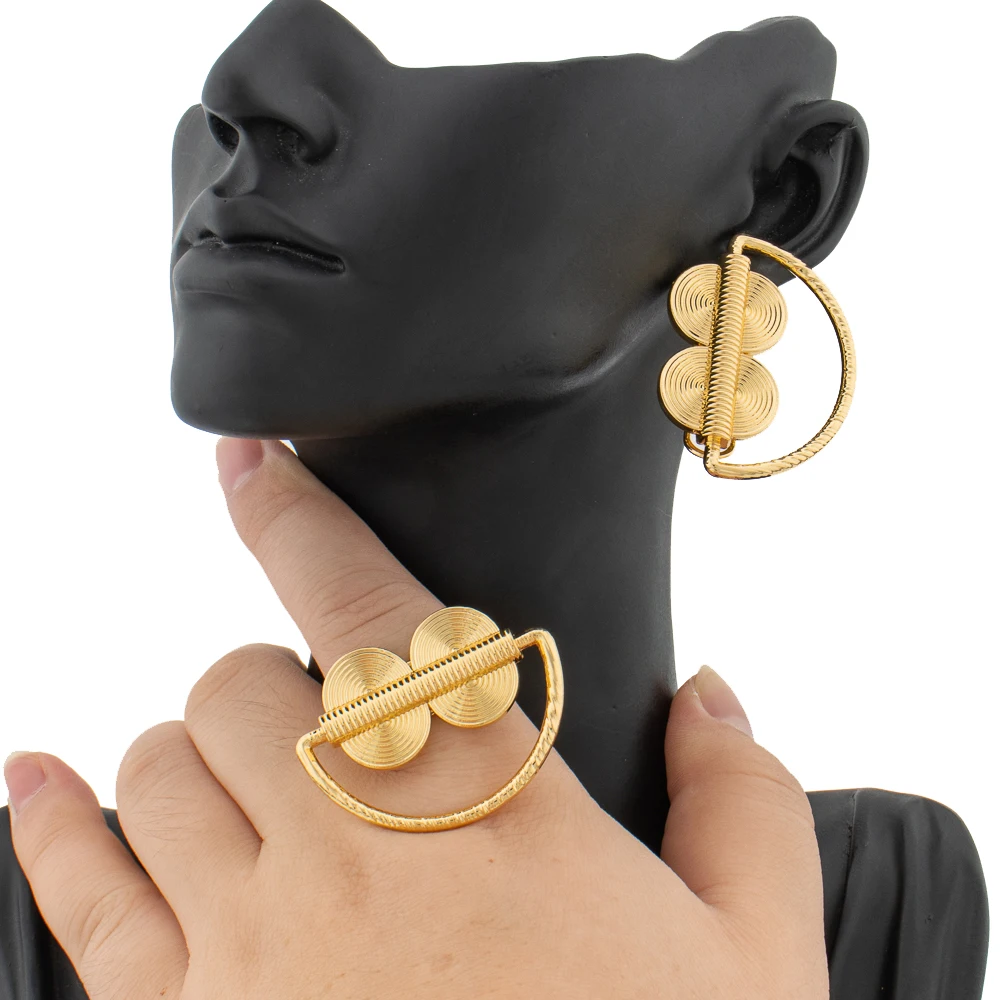 Women's African Map Design Statement Earrings & Adjustable Ring Set