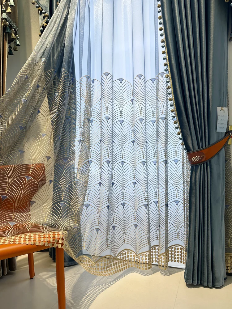 Custom Fantastic Modern embroidered gauze shade velvet living room blue cloth blackout curtain tulle valance drape C2080