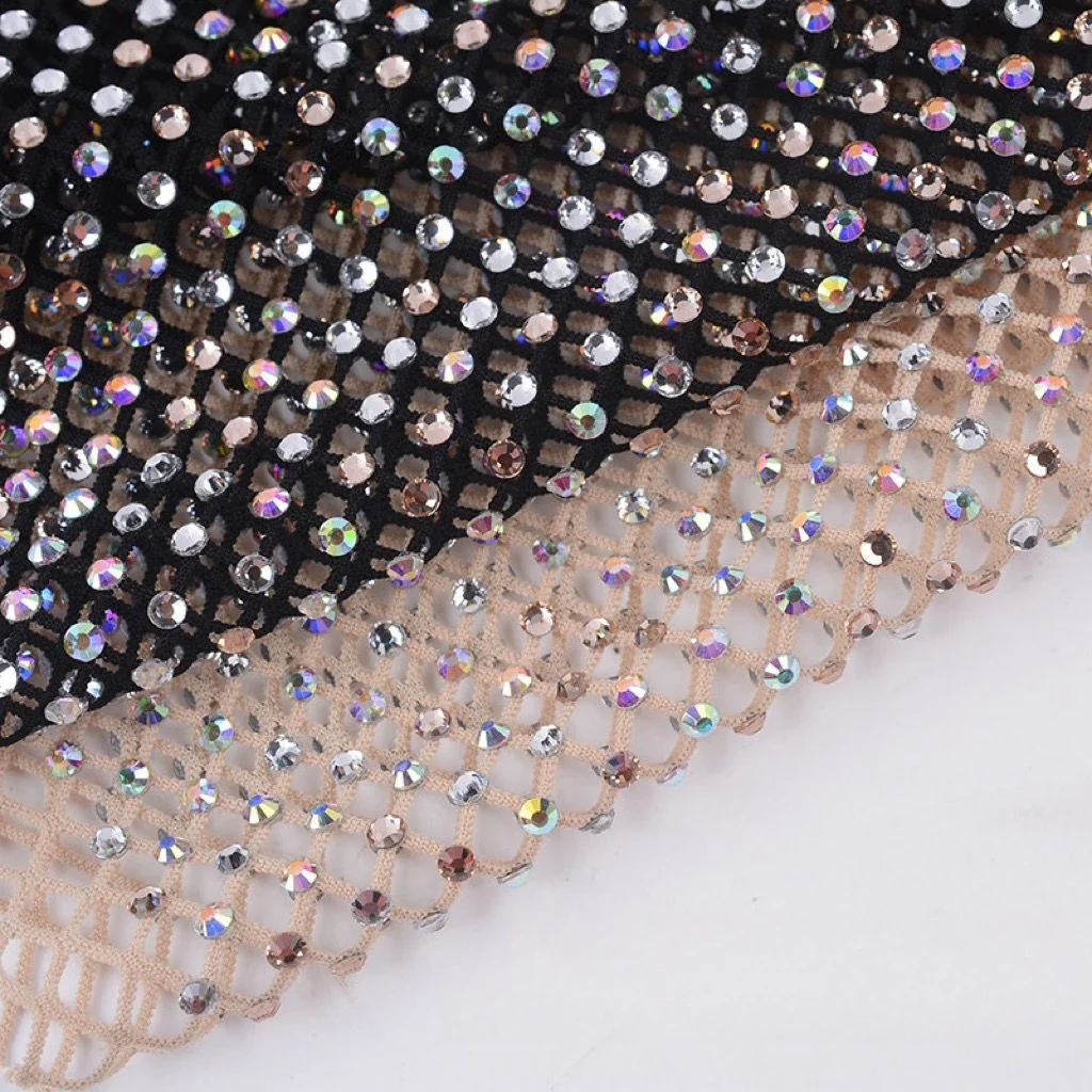 Luxury color contrast diamond mesh stretch fabric for women dress evening gown custom high end rhinestone embellished material