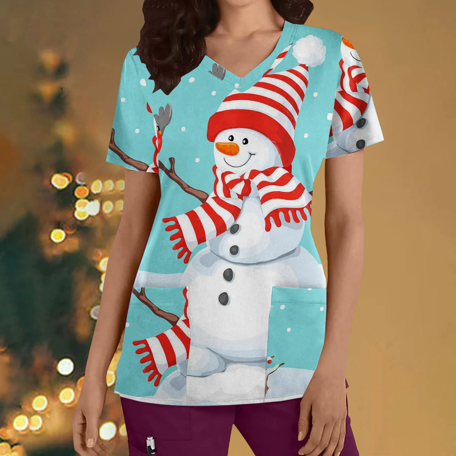 European and American Christmas snowman themed 3D printed protective clothing for women, V-neck pocket nurse medical clothing