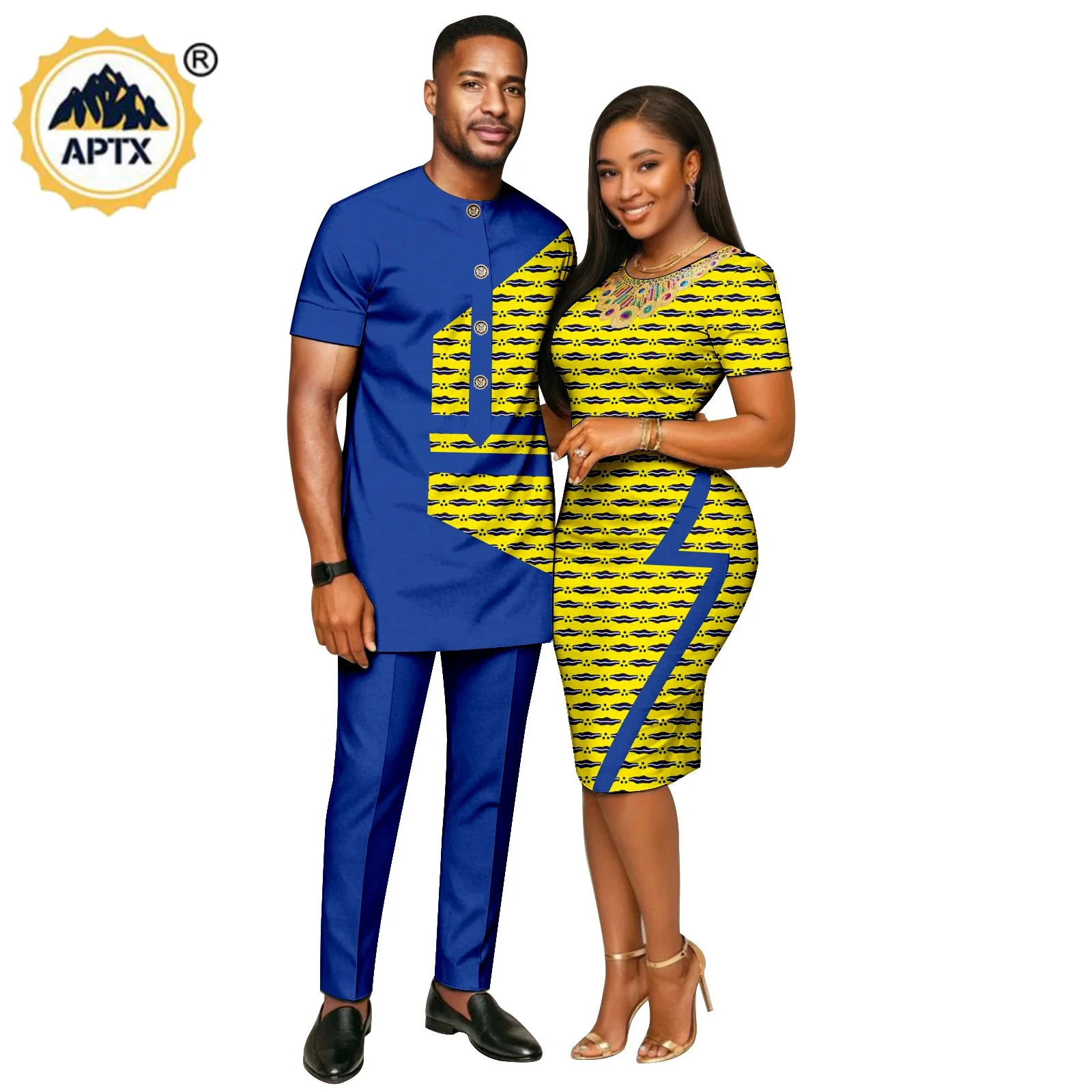 African Print Slim Hip Knee-length Dresses for Women Matching Couple Outfits Dashiki Men Patchwork Top and Pant Sets 26C019