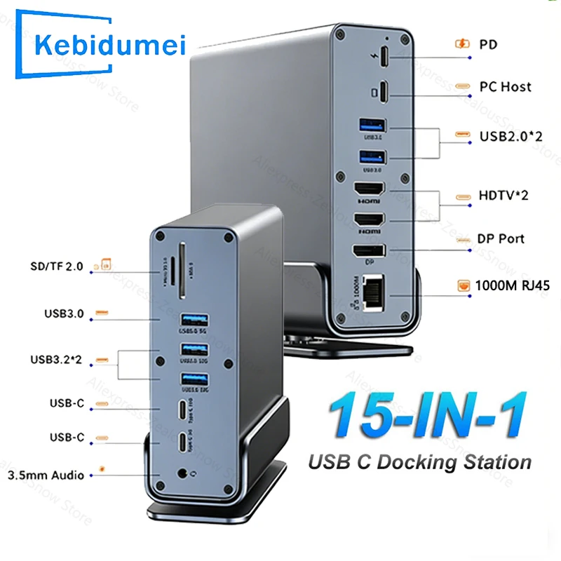 

﻿ Док-станция KEBIDUMEI 15-в-1 USB-C, концентратор Type-C 10 Гбит/с, USB 3.2, 4K60Hz/RJ45 1000M/USB3.0/PD100W, адаптер-сплиттер для ноутбука
