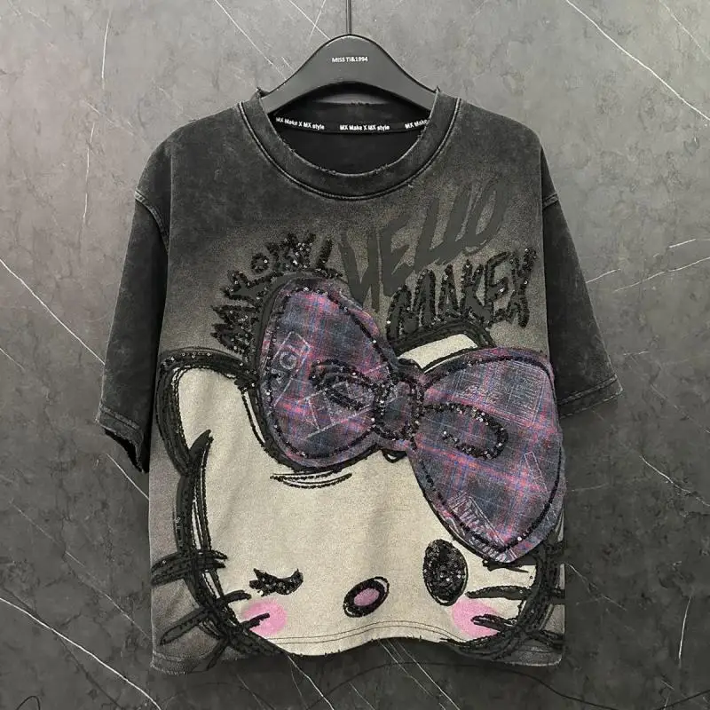 

Sanrios Hello Kittys T-Shirt High Quality Pure Cotton Short Sleeve Women's Sequins Print Tops Loose Versatile Graphic T Shirts