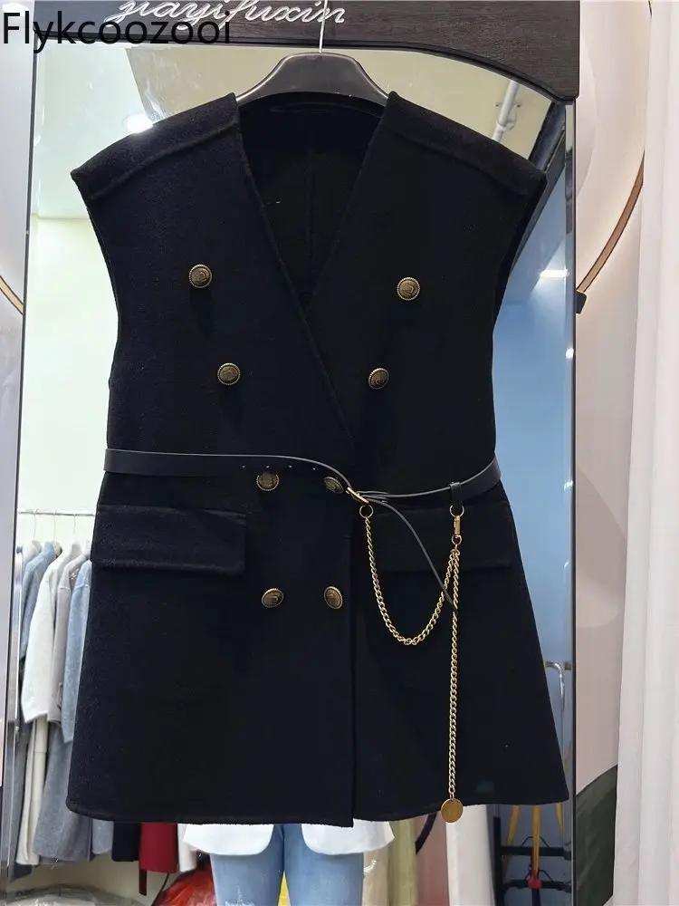 

2024 New Autumn and Winter Woolen Vest Women's Mid-length V-neck Sleeveless Waistcoat Chalecos De Mujer Invierno