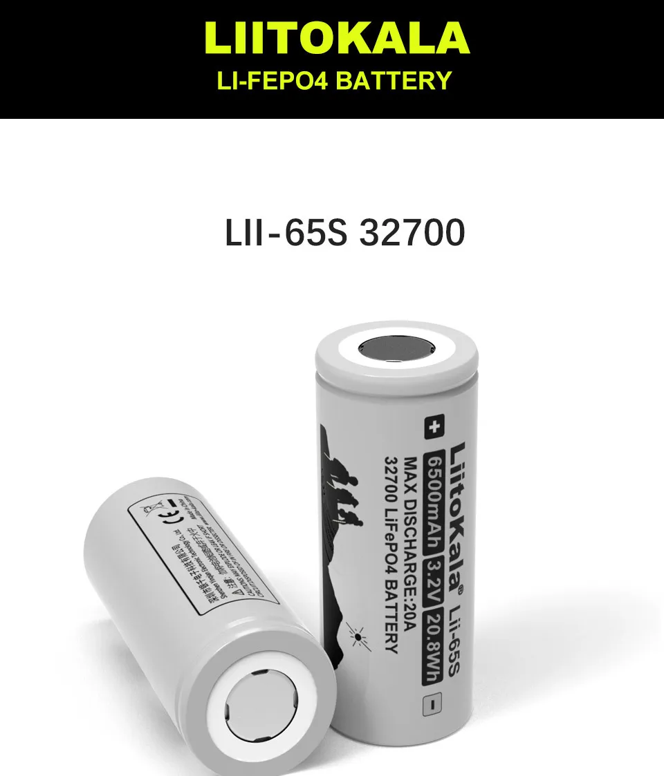 LiitoKala LII-65S 3.2V 32700 6500mAh LiFePO4 Bateria 35A Descarga Contínua Máxima 55A Baterias de Alta Potência