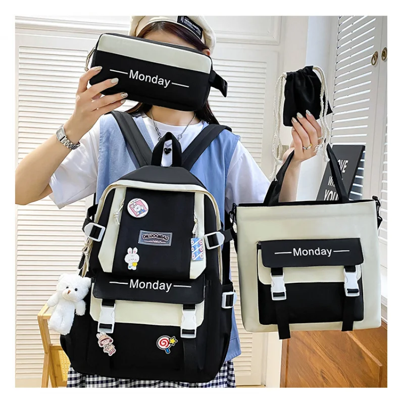 4-piece Set Girls Boys Large-capacity Shoulde Bag Korean Versatile Casual Harajuku Student Backpack High School College Bags