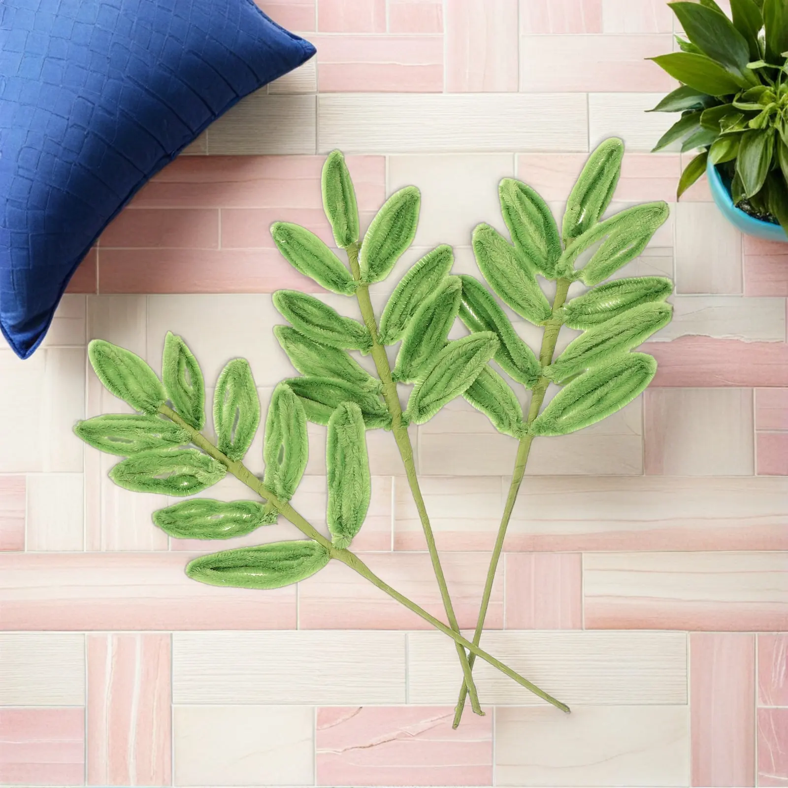 8Pcs Finished Green Chenille Stem Crafts Faux Leaf Picks for Wedding Table Vase Filler Spring Centerpiece Pipe Cleaner