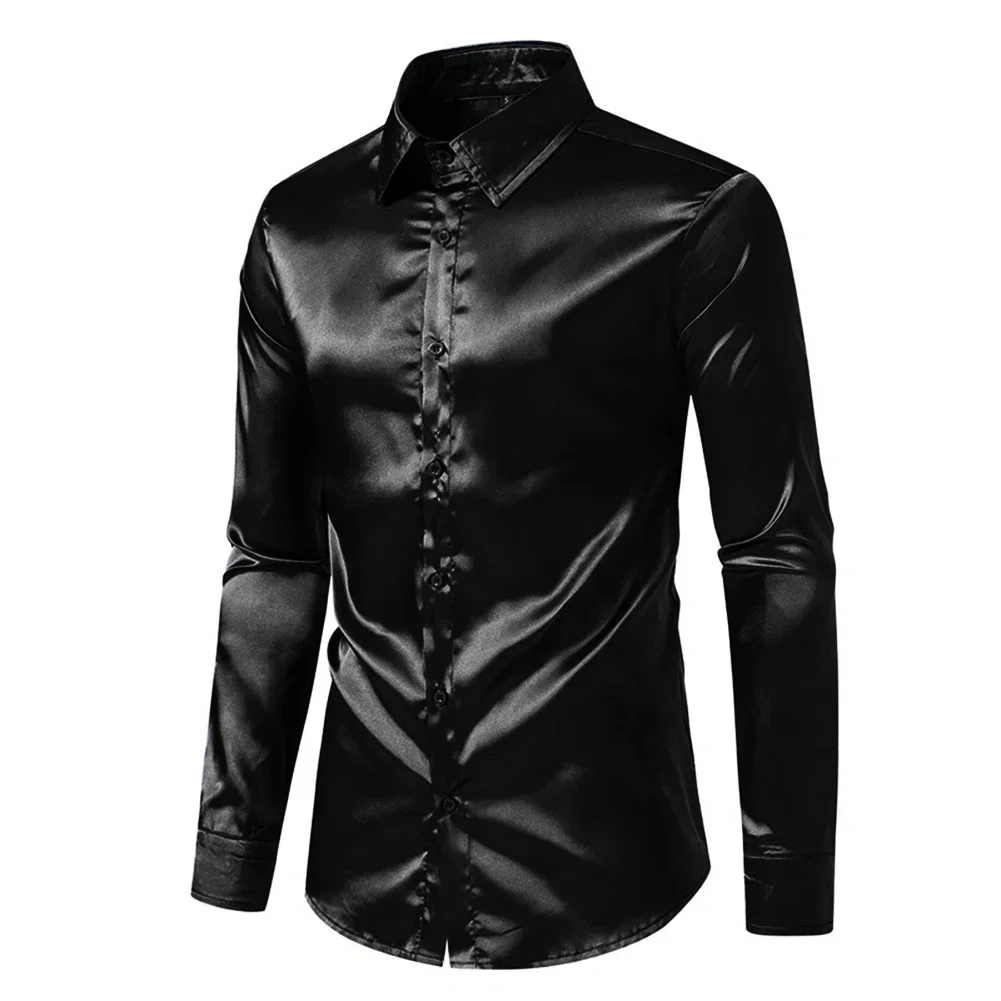 Sophisticated Satin Silk Men\'s Dress Shirt Slim Fit Long Sleeve for Parties and Special Occasions (110 characters)