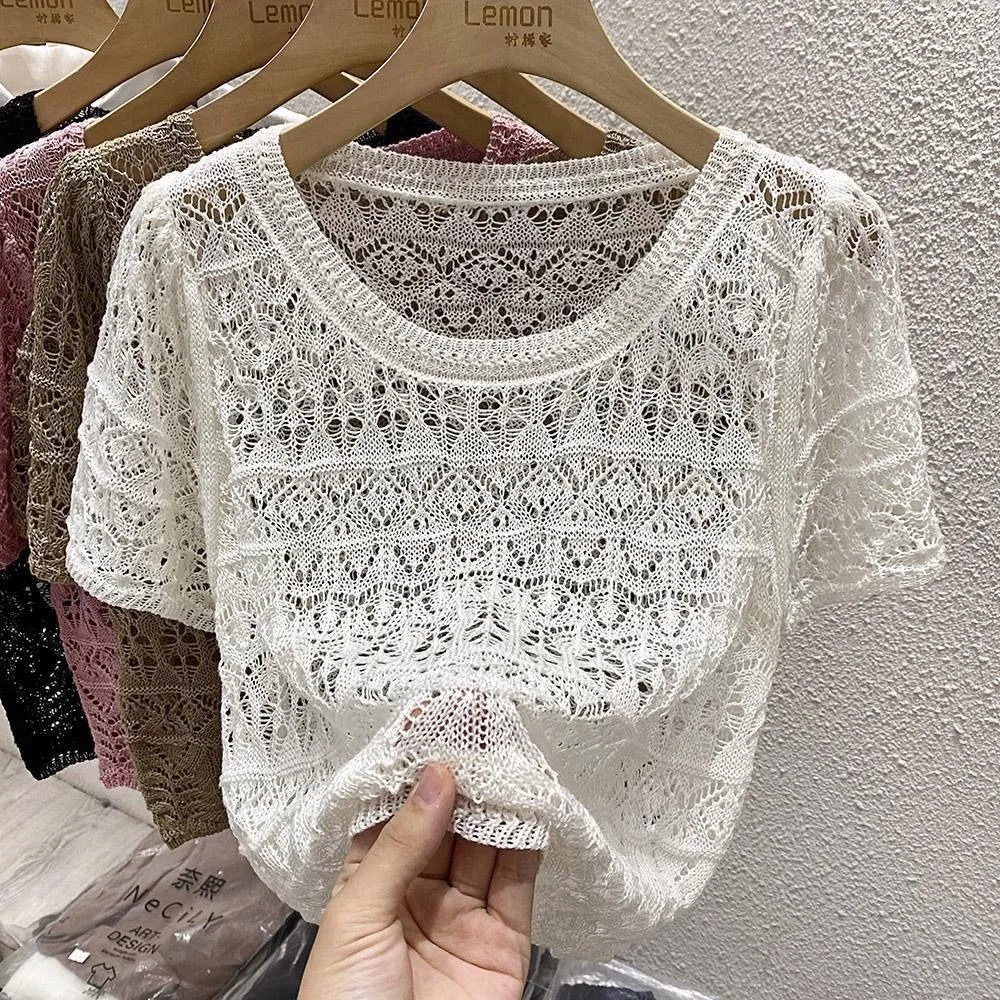 Women Summer Sweater Korean Fashion Short Sleeve Hollow Out Loose Tee Casual Thin Crew Neck Lightweight Solid Versatile Clothing