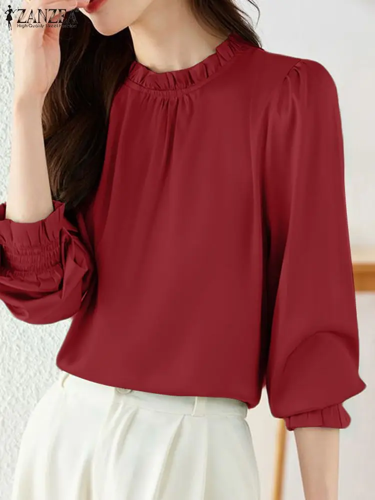 ZANZEA-blusa elegante de satén para mujer, camisa de manga larga con cuello redondo y volantes, Color liso, moda coreana, Tops informales para fiesta, Otoño, 2024