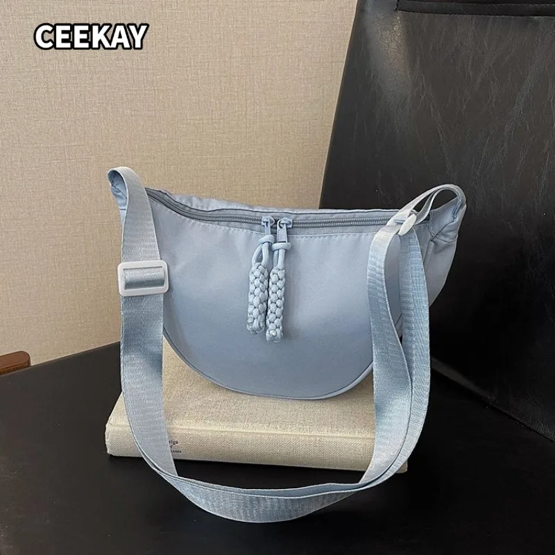 

CEEKAY Light Washed Nylon Hobo Crossbody Bag Braided Cord Zipper Pull Wide Adjustable Strap Casual Mini Shoulder Purse Campus
