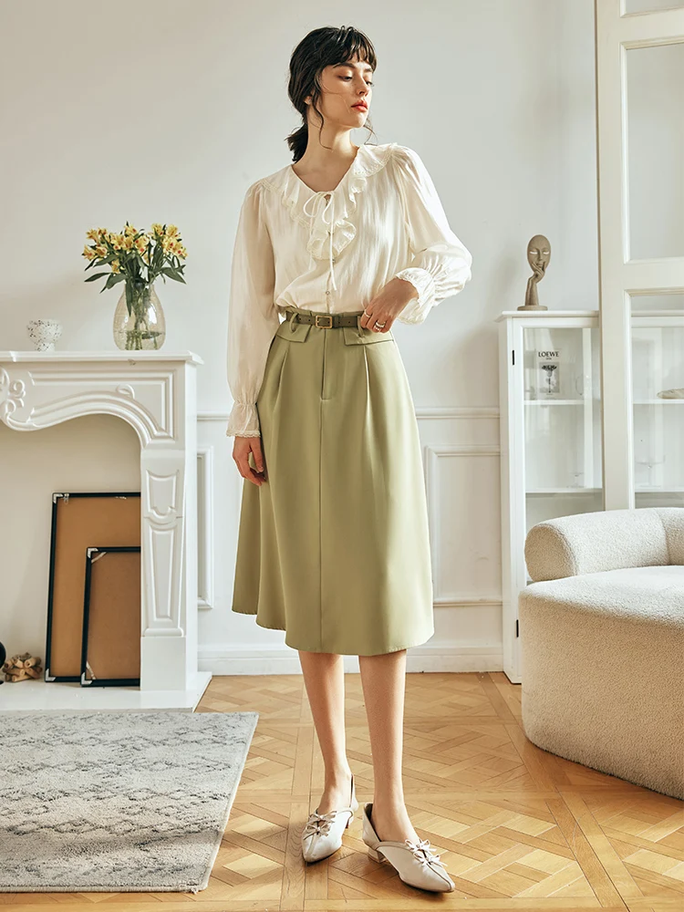 Olrain escritório senhoras a linha saias para mulher 2025 moda elegante cinto de couro verde verão saia roupas femininas o23xb68219