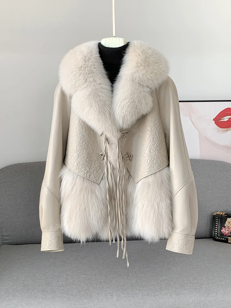 

Genuine leather down jacket, female fur and grass jacket, 2023 winter slimming sheepskin goose down jacket coat