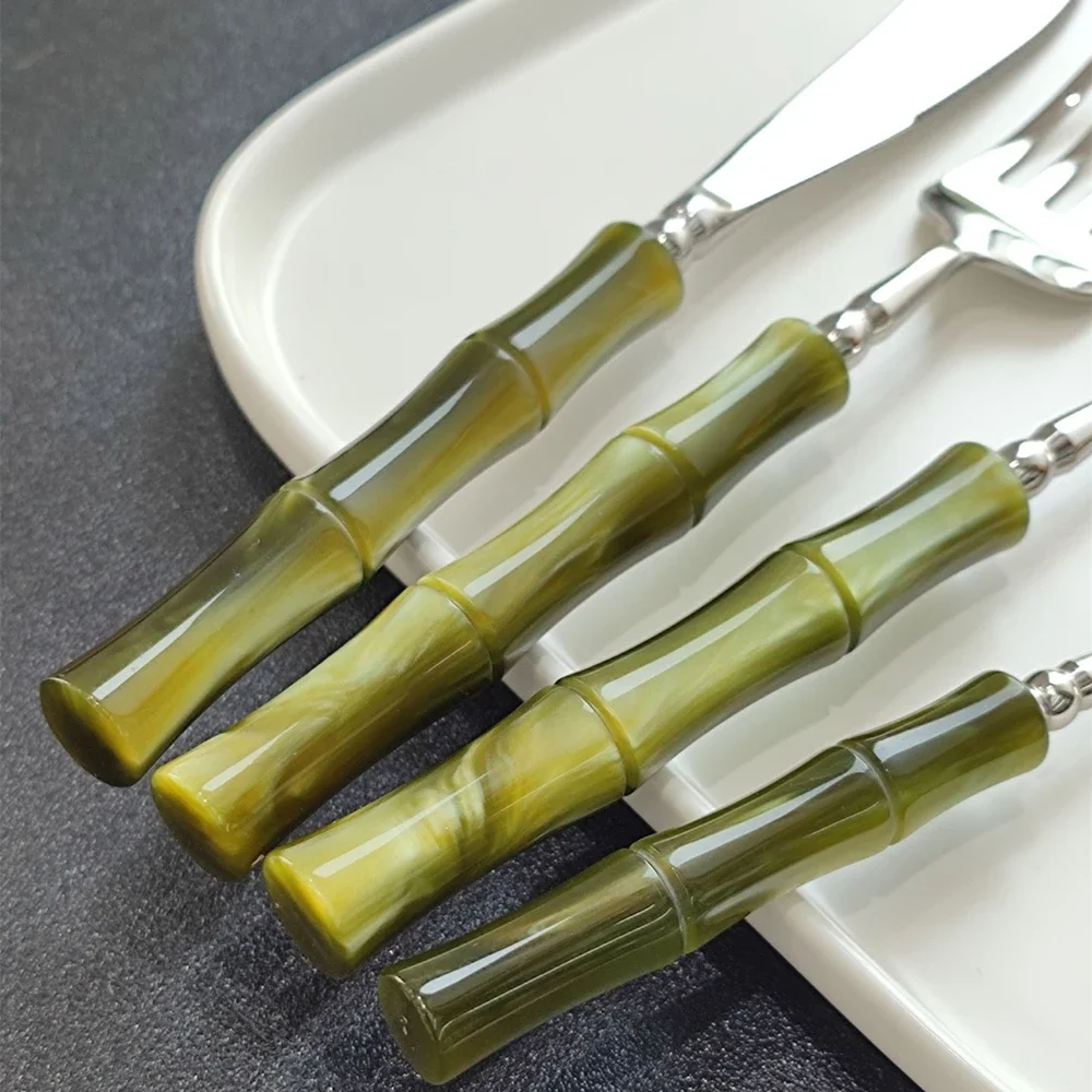 New Resin Cutlery Bamboo Style 18/10 stainless steel 304 Classical Flatware Dinnerware Set Silver Drop Shipping
