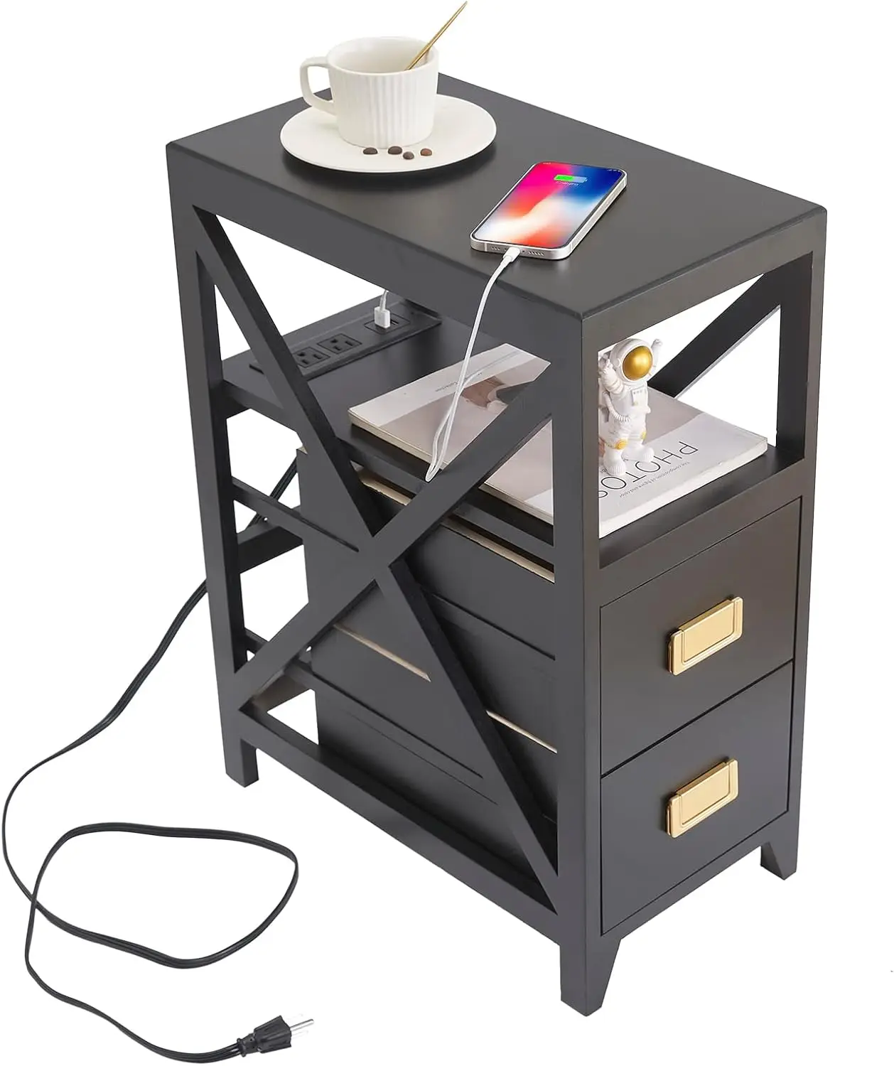 

Assembled Narrow Side Table with Charging Station, No Assembly Narrow Nightstand