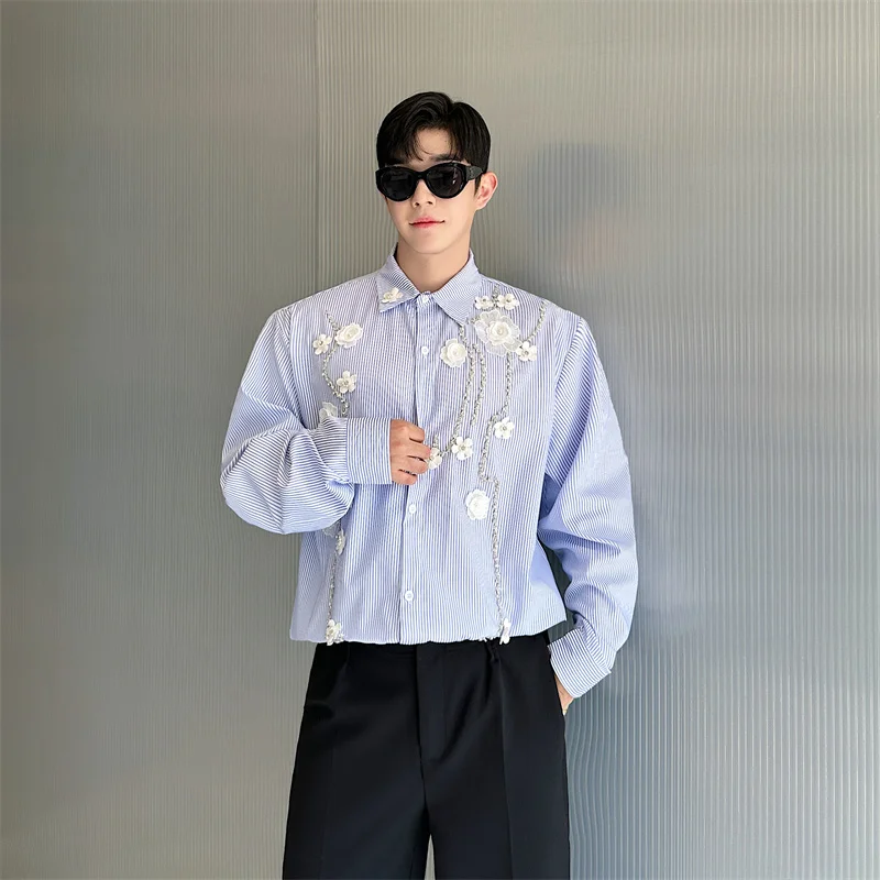 Handmade Bead Flower Design Blue Striped Long-sleeve Shirts Men's 2024 Korean Version Handsome Versatile Loose Casual Trendy Top