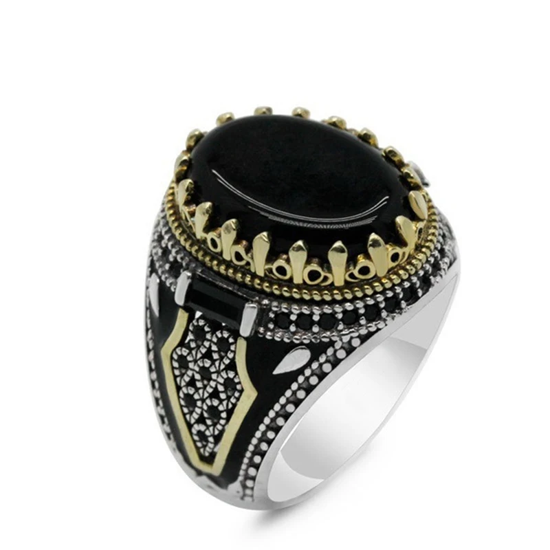 

Retro Handmade Turkish Signet Ring Vintage Men Ancient Silver Plated Pattern Ring Inlay Black Zircon Party Punk Motor Biker Ring