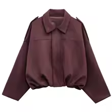 Suede Jacket Cropped Lapel Zip Up Bomber Outerwear for Women - Burgundy