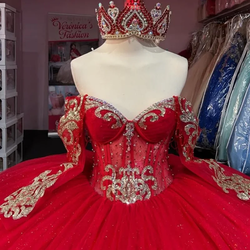 

Customized Red Quinceanera Dresses Off the Shoulder golden Sequin decal crystal Tull Long tail Vestido De 15 Quinceanera