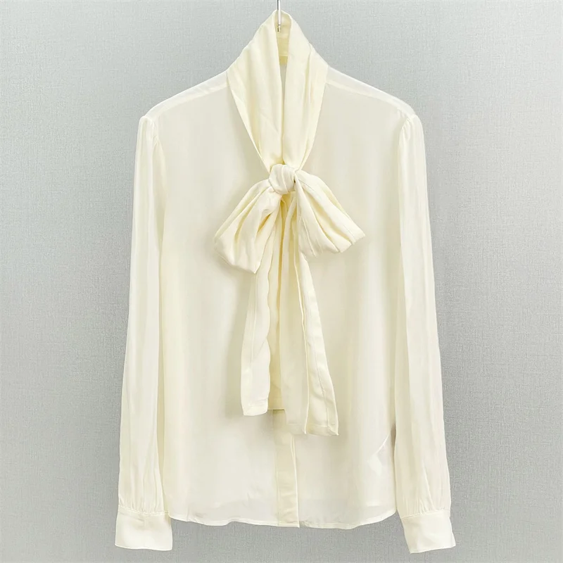women's shirt 2026 autumn new scarf collar slim fit women's long sleeved top artificial silk women's blouse Semi transparent top