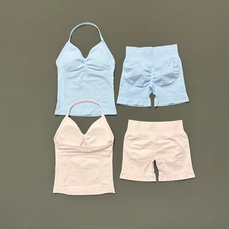 2Pcs HISTELLO Yoga Set Women Halter Tank Top Scrunch Butt Lifting Shorts Ruched Anti Chafe Quick Dry Gym Workout Sports Set