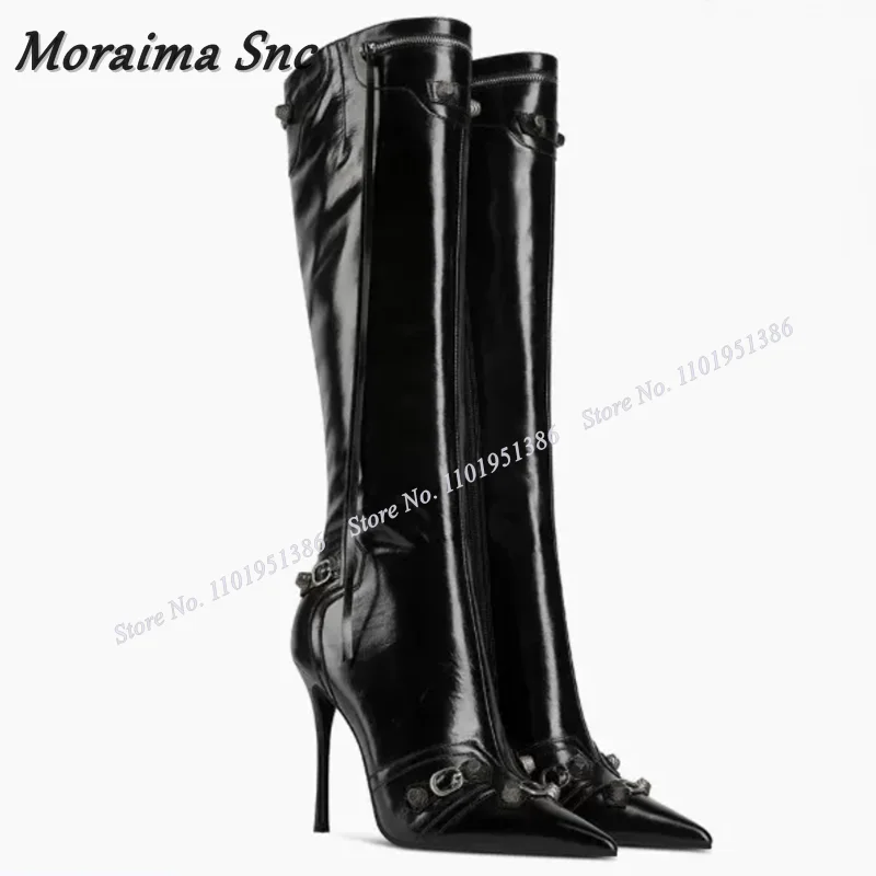 

Moraima Snc Black Fringe Decor Rivet Boots Zipper High Heels Shoes for Women Solid New Botas Fashion Runway Zapatillas Mujer