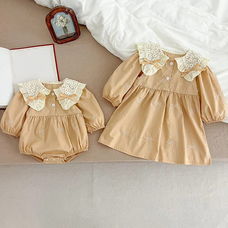 Family Sister Dress Embroidered Bow Outfits Newborn Girls Bodysuits Cotton Lace Collar Infant Baby Girls Dress Jumpsuit Outfits