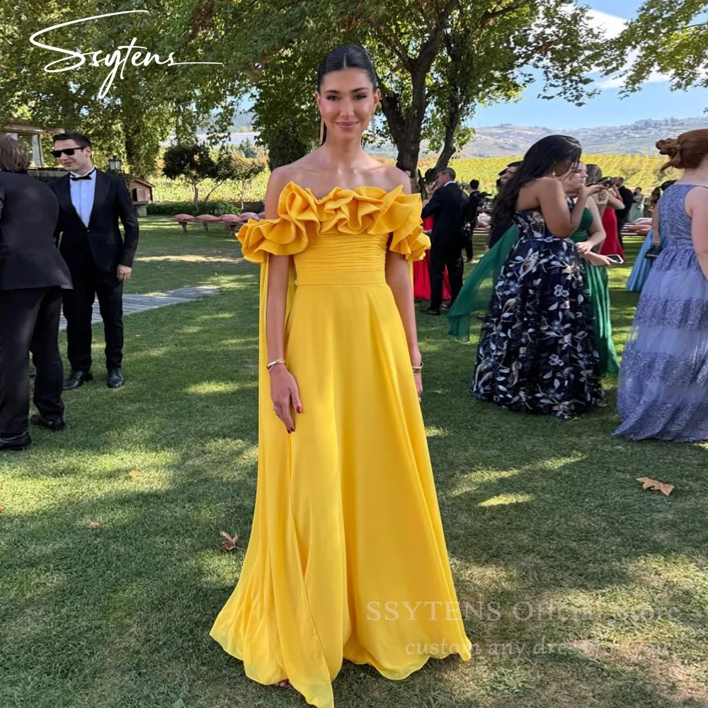 

SSYTENS Yellow Beach Evening Dresses Off Shoulder Sleeves Wedding Guest Dresses Pleats Party Formal Gown Special Occasion Gowns
