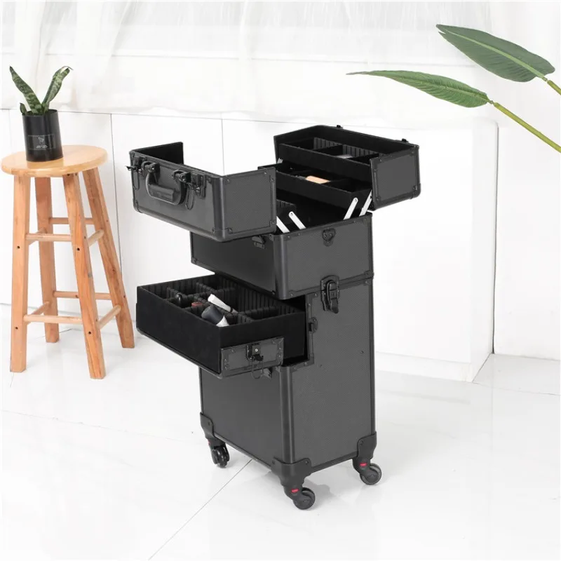 4 in 1 Professional Large Hard Aluminum Cosmetics Rolling Travel Barber Box Salon Lockable Trolley Makeup Train Box with Wheels