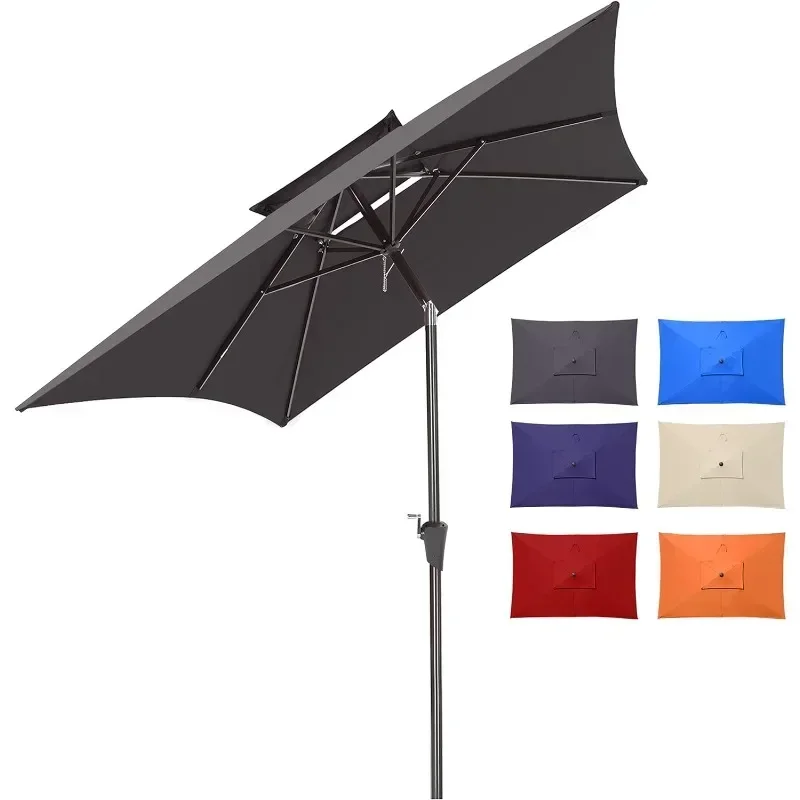 6.6x10ft Rectangle Patio Umbrellas 2 Tiers Outdoor Table Umbrella with Push Button Tilt and Crank for Pool