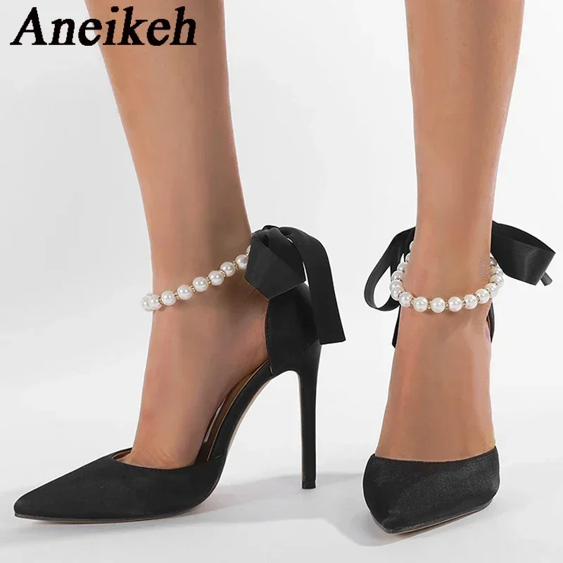 Aneikeh White Design String Bead Ankle Strap Women Pumps Cozy Silk Pointed Toe Lace Up Bowknot High Heels Party Dress Shoes