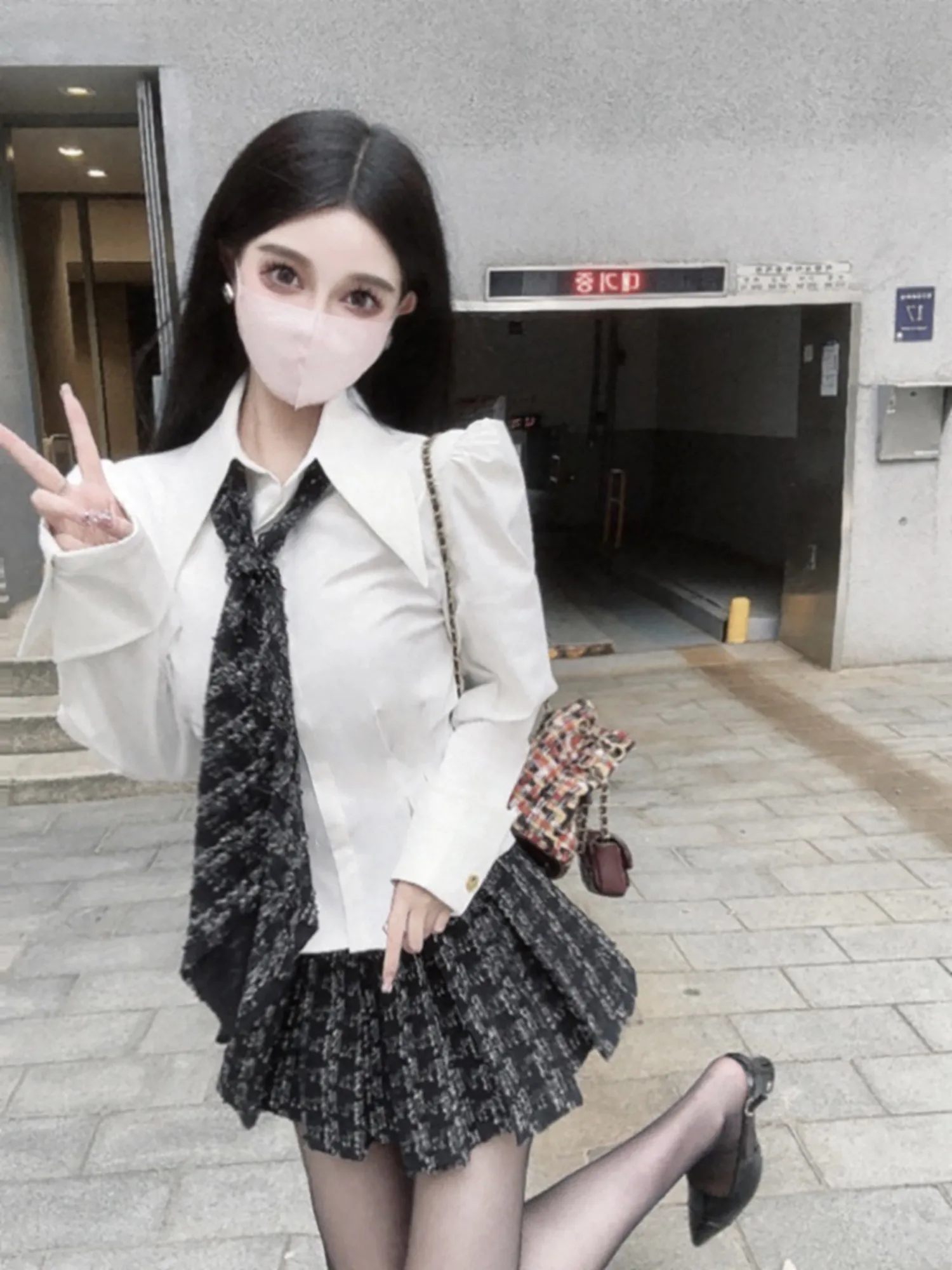 

Good Girl Viola Plaid irt with Tie f-length Pleated Skirt Set Faionable School orm Sle Women's Ensemble