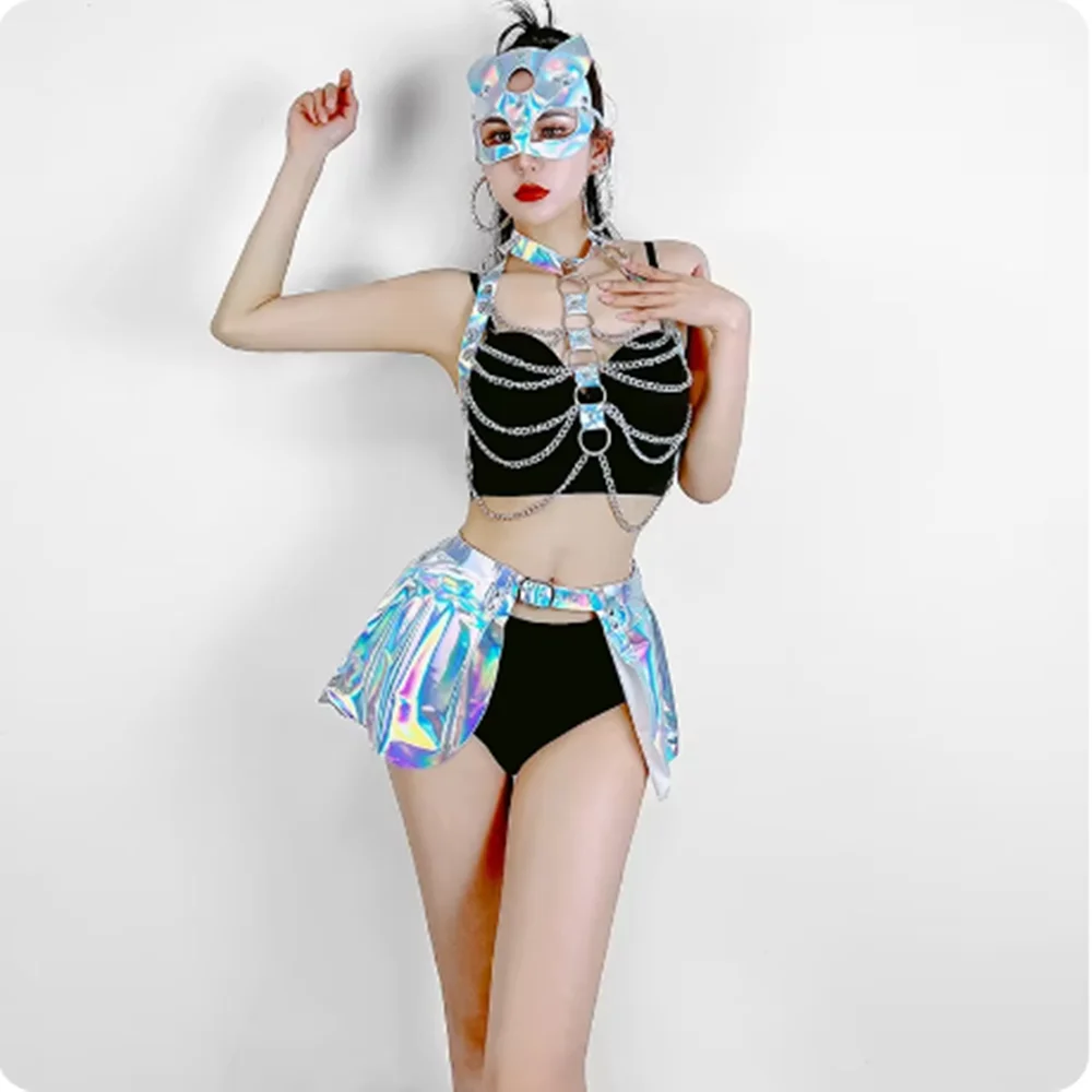 Pole Dance Costume Adult Nightcluba Bar Jazz Dance Wear Sexy Gogo Dancer Clothing Female Party Rave Wear Tops Shorts Mask