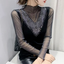 2024 European Women Clothes Autumn Winter Long Sleeve Bottoming shirt New Half High Collar Diamond T shirt Patchwork Mesh Tops