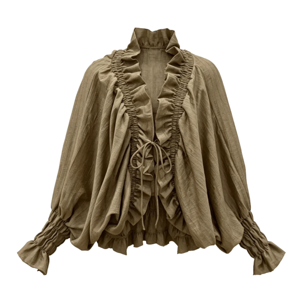 Lace-up Chic Ruffle Blouse V-Neck Tie Front Batwing Long Sleeve Blouse Bohemian Style Drawstring Women Shirt Top Autumn