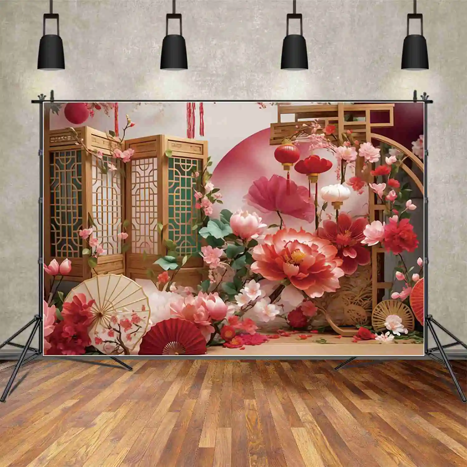 

Red Gold New Year Decor Backdrop Chinese Spring Festival Background Lantern knot Fan Flower Home Banner Decorations