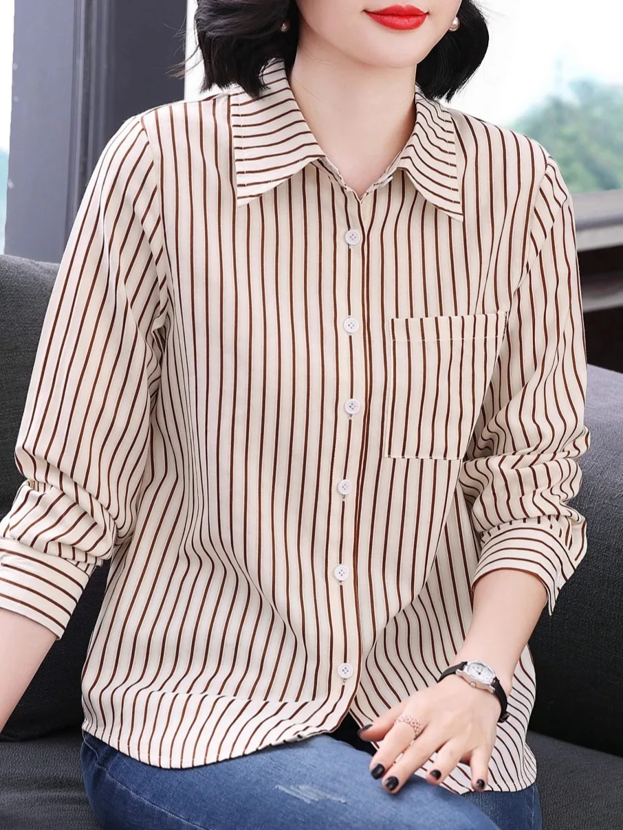 여성용 스트라이프 롱 스웨터 2025 신상 슬리 오픈 가디건 가을 아우터 중년 엄마 봄 가을 상의 베이스 스웨터